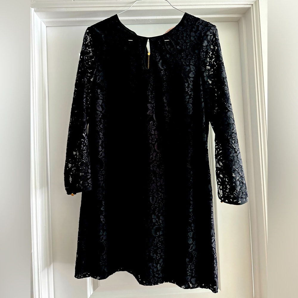 Juicy Couture Dress Black Lace Mini Dress Size Large Faux Leather Trim gold zip